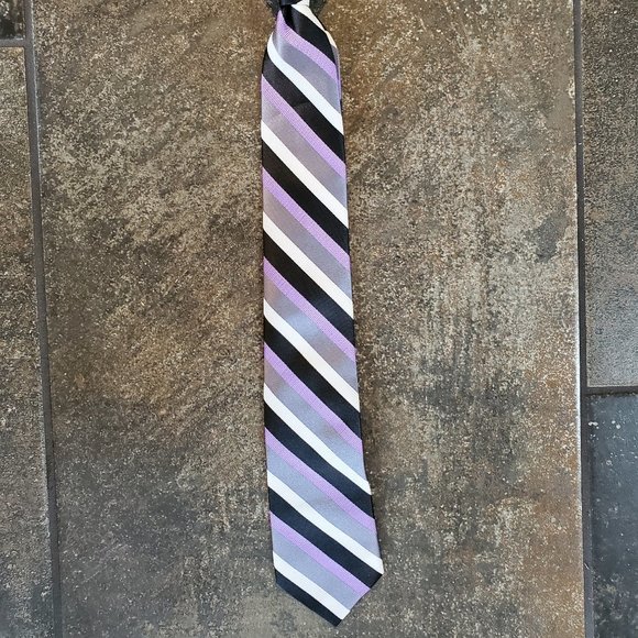 Youth Boy Clip On Tie, Gray, Black, Purple, White Stripe - Picture 2 of 8